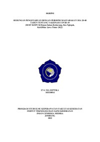 HUBUNGAN PENGETAHUAN DENGAN PERSEPSI MASYARAKAT USIA 20-40 TAHUN TENTANG VAKSINASI COVID-19
(Di RT 04 RW 04 Dusun Salam Kedawung, Kec.Nglegok,
Kab.Blitar Jawa Timur 2022)